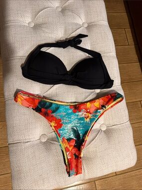 Jets Black Halter Bikini Top with Relleciga Multicolor Tropical Floral Bottom